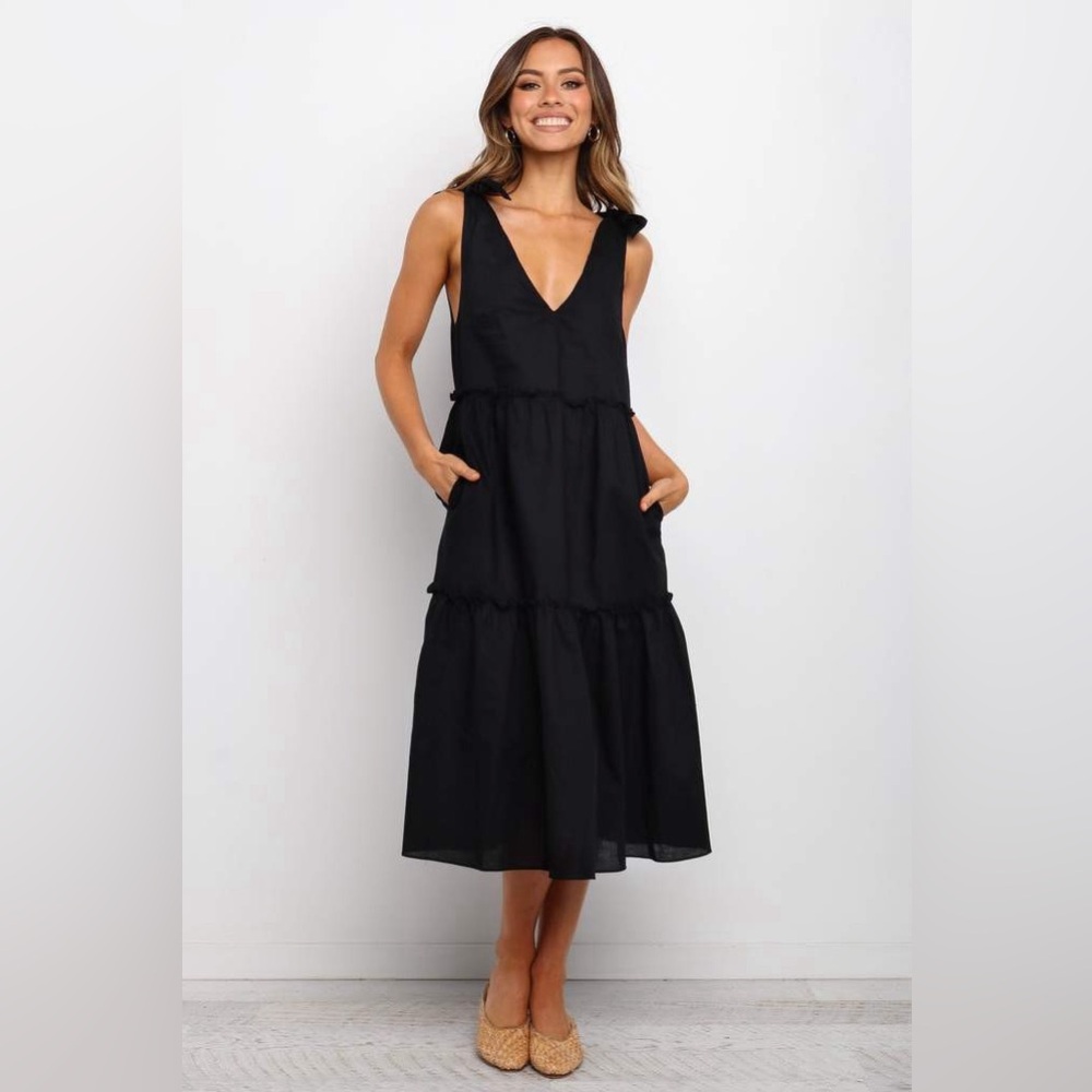 Petal & Pup Erenda Dress Midi Maxi Linen Blend Black Ruffle Tiered Sundress 6